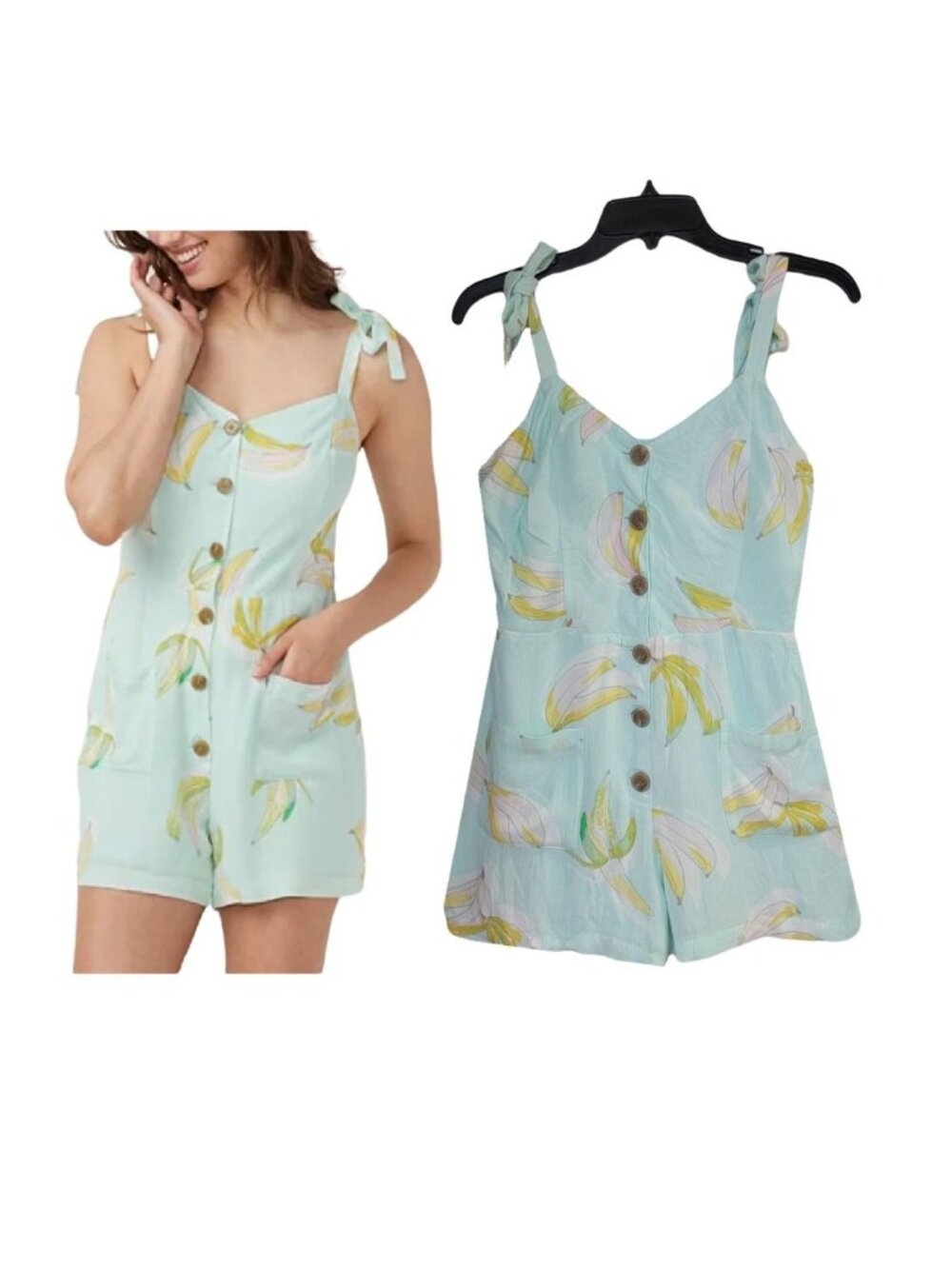 ❤️Womens Romper Sz S LC Tropical Banana Mint Green Yellow Jumpsuit cover up